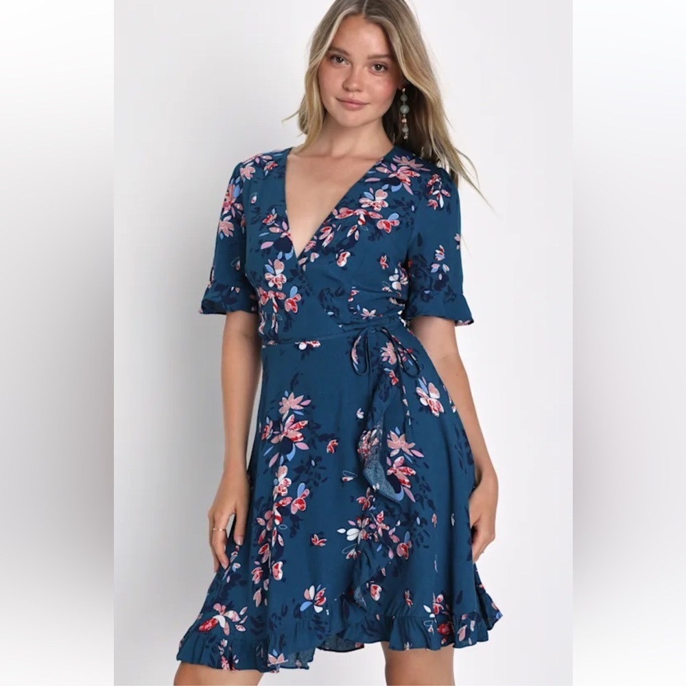 LULUS Teal Blue Floral Print Ruffled Wrap Dress NWT Size Medium